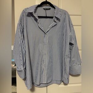 ZARA XL WOMAN’S NAVY & WHITE STRIPED BUTTON DOWN ~ OVERSIZED